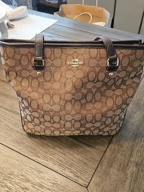 Coach Brown Signature Jacquard Tote with Dark Brown Trim
